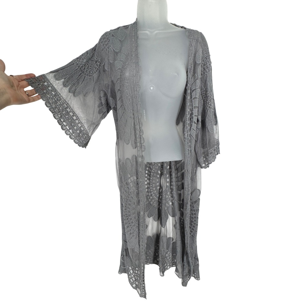 Sheer Lace Mesh Longline Kimono Duster Cardigan Size S Gray Layer Boho Ethereal